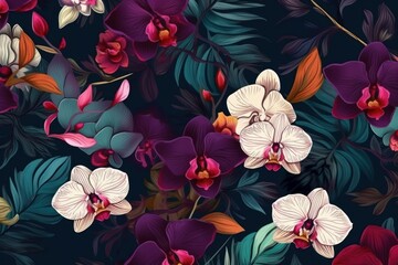 Seamless pattern with orchids and tropical leaves. Digital illustration, generative Ai