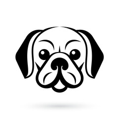 A black and white image of a pug dog head, on a white background illustration template