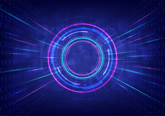 abstract background future technology Tech circle with empty space in the middle Multi-colored glowing neon with beam moving binary and cube perspective. blue gradient background
