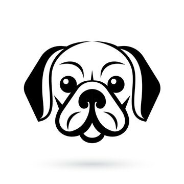 A black and white image of a pug dog head, on a white background illustration template