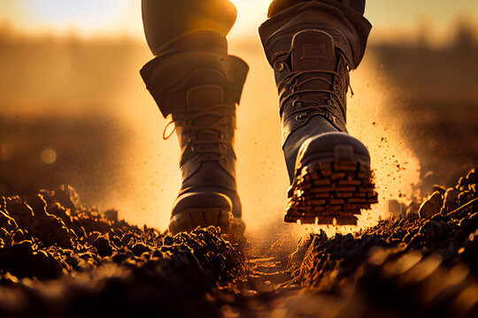 Feet in farm boots walk across a plowed field at sunset. AI Generated