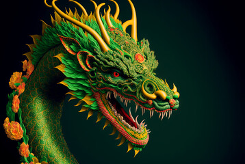 Green dragon portrait, mysterious monster from farytales and symbol of 2024 lunar year in Chinese calendar. Generated AI.