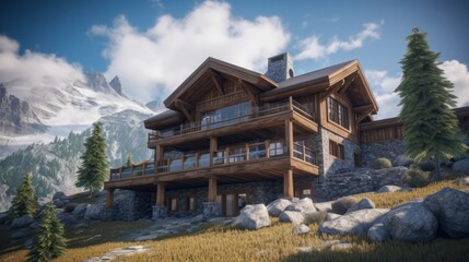 Fototapeta premium Mountain exterior house design in daytime golden hour generative ai
