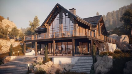 Mountain exterior house design in daytime golden hour generative ai