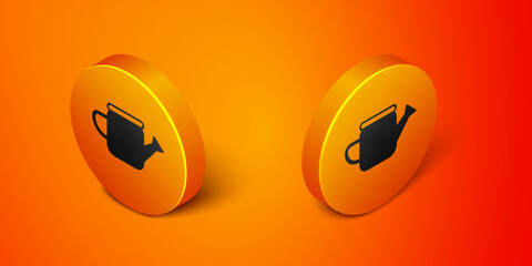 Isometric Watering can icon isolated on orange background. Irrigation symbol. Orange circle button. Vector