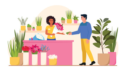 Vector illustration of a flower shop with flowers and plants in pots. Cartoon scene with a guy who buys a beautiful bouquet of flowers for his beloved in a flower shop isolated on a white background.