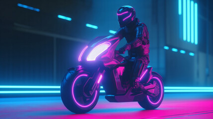 Fototapeta na wymiar person riding a motorcycle neon blue and pink synthwave 