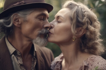 kissing aged couple dressed as characters from Victorian love story book cover in garden in spring time, created with Generative AI Technology
