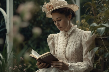 Woman in Victorian epoch style clothes reading novel book in garden, created with Generative AI Technology - 596022903