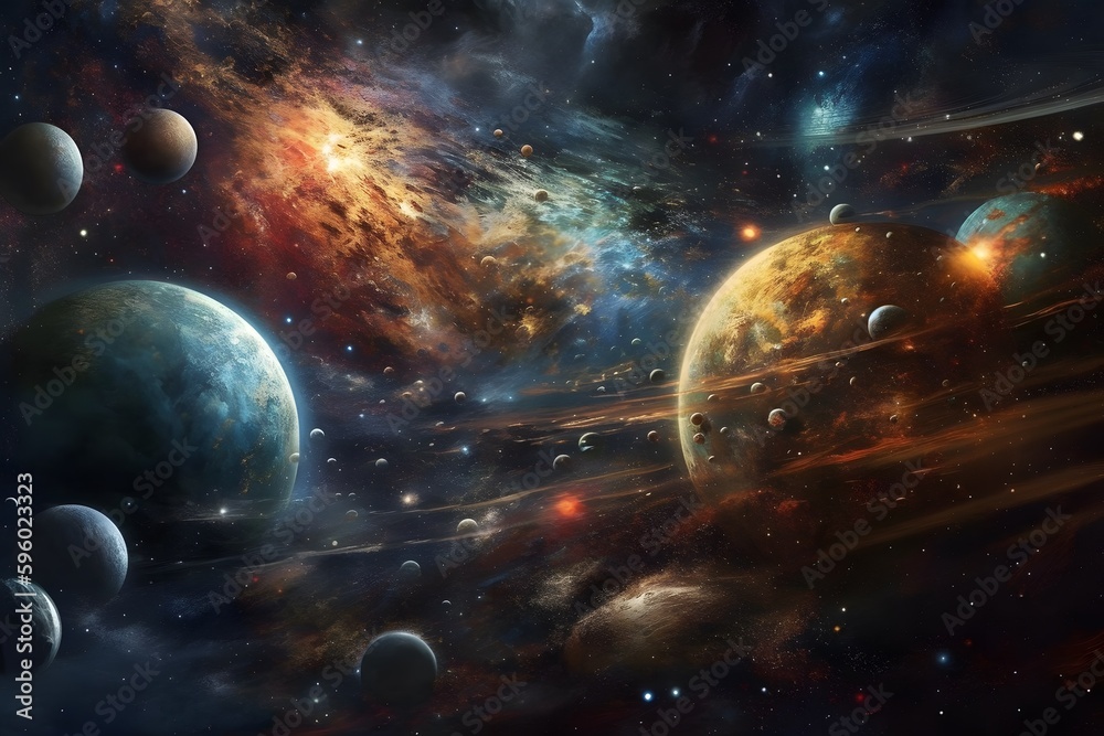 Wall mural an artistic rendering of the solar system or galaxy with vibrant colors and textures. generative ai.