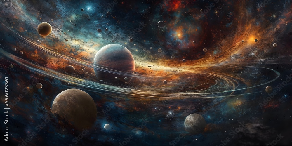 Poster an artistic rendering of the solar system or galaxy with vibrant colors and textures. generative ai.