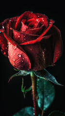 Beautiful red rose with water drops on black background, closeup