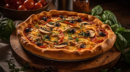 A pizza with mushrooms and olives on a wooden table, generated AI