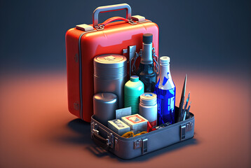 First aid kit with abstract box, medicines and supplies. Emergency health care equipment set. Generated AI.