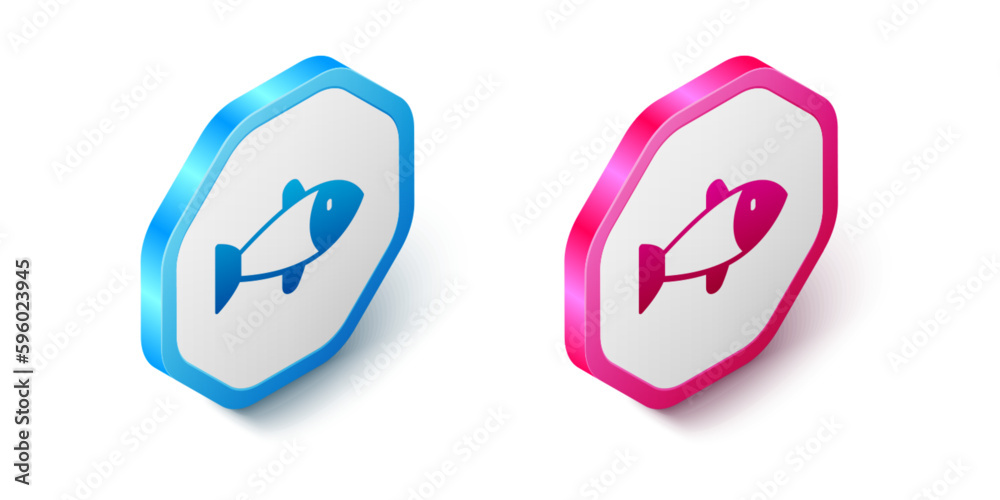 Sticker Isometric Fish icon isolated on white background. Hexagon button. Vector