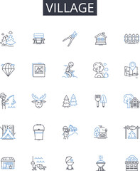 Village line icons collection. Hamlet, Small town, Rural community, Settlement, Countryside, Outpost, Colony vector and linear illustration. Township,Agrarian society,Farming village outline signs set