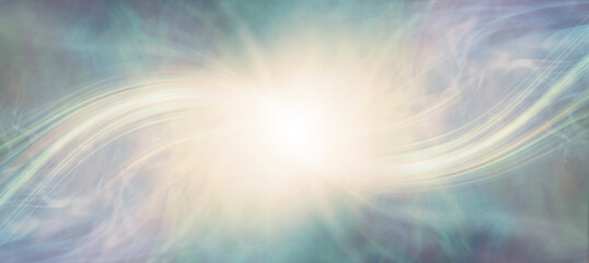 Flowing ethereal pastel jade and lemon coloured wide template - jade green wispy background with ball of warm lemon white light radiating outwards with undulating laser lines and copy space for spirit