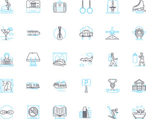 Open-air pastimes linear icons set. Picnicking, Hiking, Cycling, Camping, Fishing, Boating, Swimming line vector and concept signs. Sunbathing,Gardening,Birdwatching outline illustrations