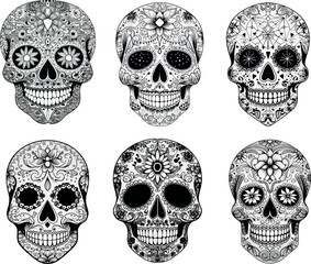 Sugar Skulls Set. Day of the Dead Skull, isolated on white background. Dia de los Muertos. Mexican sugar skull. Design element for logo, emblem, sign, poster, card, banner. Vector illustration. 