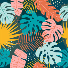 Fototapeta na wymiar Vector seamless pattern with hand drawn tropical leaves, collage contemporary. Jungle pattern. Modern trendy design for paper, cover, fabric, interior decor, clothes, wrapping paper.