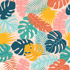 Fototapeta na wymiar Vector seamless pattern with hand drawn tropical leaves, collage contemporary. Jungle pattern. Modern trendy design for paper, cover, fabric, interior decor, clothes, wrapping paper.