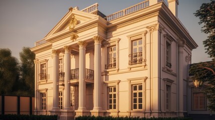 Obraz premium Neoclassical exterior house design in daytime golden hour generative ai