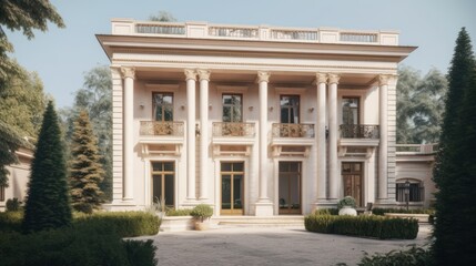 Obraz premium Neoclassical exterior house design in daytime golden hour generative ai