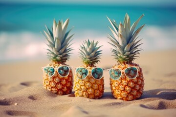 Funny attractive pineapple family wearing stylish sunglasses. Generative AI.