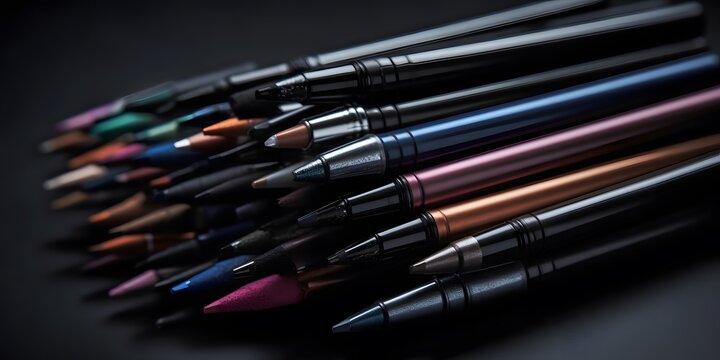 Close-up shot of makeup products like eyeliners. Generative Ai.