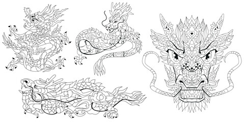 Zentangle dragons. Hand drawn decorative vector illustration for coloring