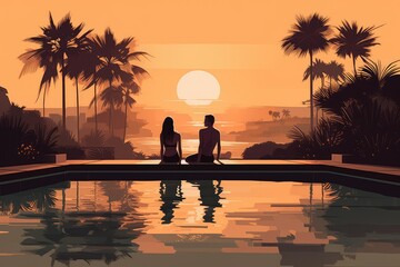 man and woman together at pool with palm trees and sun setting Generative AI