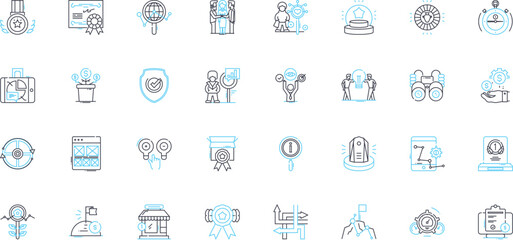 Goal setting linear icons set. aspiration, ambition, objectives, targets, focus, determination, perseverance line vector and concept signs. drive,resolve,purpose outline illustrations