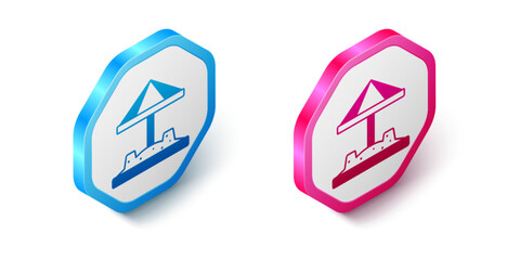 Isometric Sandbox for kids with sand and umbrella icon isolated on white background. Hexagon button. Vector