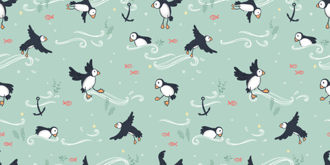 Cute hand drawn puffin seamless pattern, lovely doodle birds background, great for textiles, banners, wallpapers - vector design