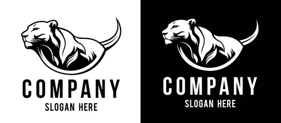 Lion company logo vector line art illustration on black and white background. Lioness business logo design. - obrazy, fototapety, plakaty