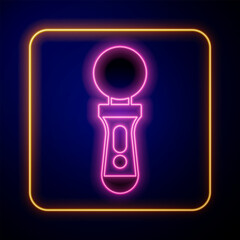 Glowing neon VR controller game icon isolated on black background. Virtual reality experience, sensation of presence, position-tracking technology device. Vector