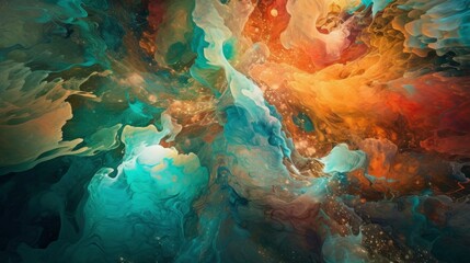 Fototapeta na wymiar Colorful Nebula: A Celestial Dance of Complementary Turquoise and Peach Swirls, Capturing the Essence of Cosmic Serenity in a Vibrant and Professional Abstract Design 