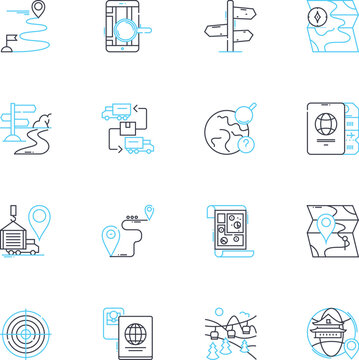 Satellite navigation linear icons set. GPS, Satellites, Navigation, Coordinates, Tracking, Mapping, Global line vector and concept signs. Precision,Accuracy,Positioning outline illustrations
