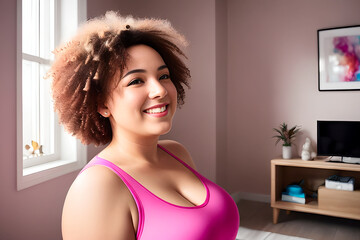 Naklejka na ściany i meble Portrait of smiling happy overweight woman in pink top practising indoors sport alone at home on an exercise bike at early morning. Generative AI