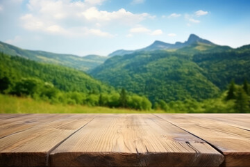 Obraz na płótnie Canvas Wooden table with the mountains view on the background, Generative AI