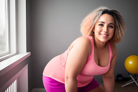 Portrait of smiling happy overweight woman in pink top practising indoors sport alone at home on an exercise bike at early morning. Generative AI
