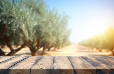 Wooden table outdoors in olive tree field for product presentation, Generative AI