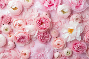 Obraz na płótnie Canvas Pastel color flowers on pink background. Floral flat lay, Spring season bloom. Generative AI