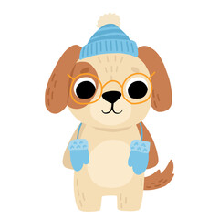 Cartoon cute baby dog standing with glasses, hat and mittens. Isolated vector winter illustration for childrens book.