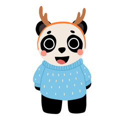Cute cartoon baby panda in sweater with antlers smiling. Isolated winter vector illustration for childrens book.