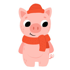 Fototapeta na wymiar Cute cartoon baby pig with hat and scarf smiling. Isolated winter vector illustration for childrens book.