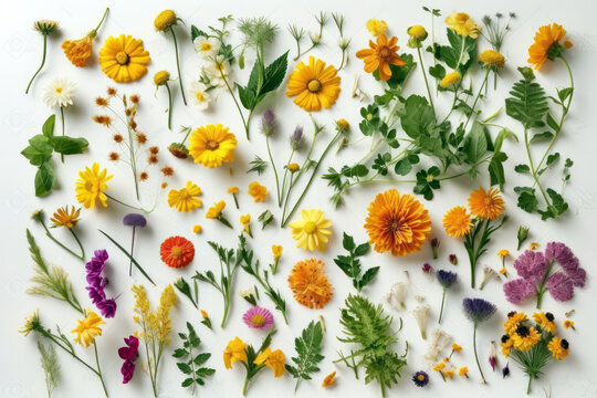 Wild flowers on white background. Yellow and purple petals and green leaves flat lay. Generative AI