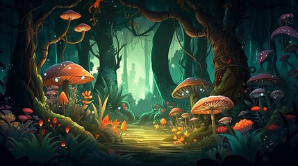The Mystery Forest with Plants and Flowers and wildlife. Realistic Fantastic Cartoon Style Artwork Scene, Wallpaper, Story Background, Card Design