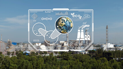 The graphic shows carbon, CO2, global warming concepts and greenhouse gases with a large industrial...