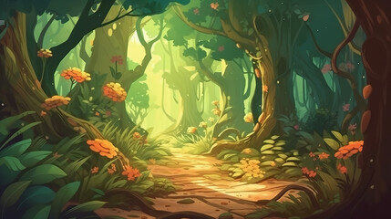 Obraz na płótnie Canvas The Mystery Forest with Plants and Flowers and wildlife. Realistic Fantastic Cartoon Style Artwork Scene, Wallpaper, Story Background, Card Design